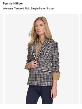 Tommy Hilfiger Navy and Cream Textured Plaid Single-Button Blazer